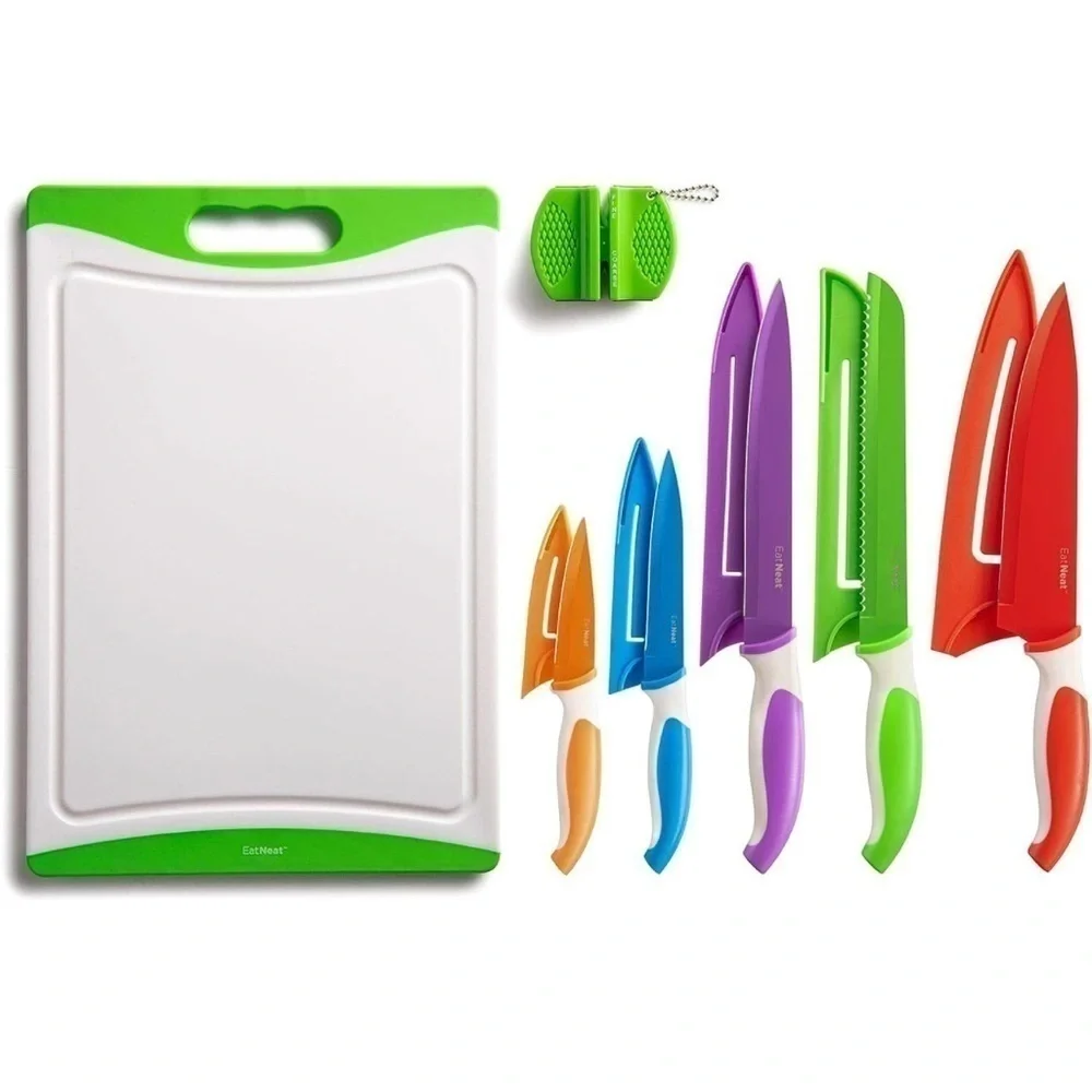 Brand New Colorful 12-Piece Kitchen Stainless Steel Knife Set w/ Cutting Board